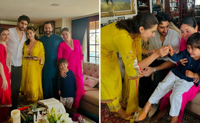 Sara Ali Khan ties Rakhi to Ibrahim, Jeh; poses with Saif, Kareena